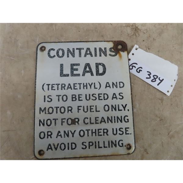 Vintage Porc Gas Pump Sign- Contains Lead- 7" x 9"