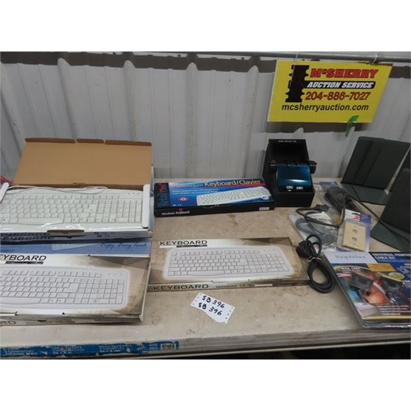 10 New Keyboards, Metal Book Ends, Computer & Printer Cables, Rotary File