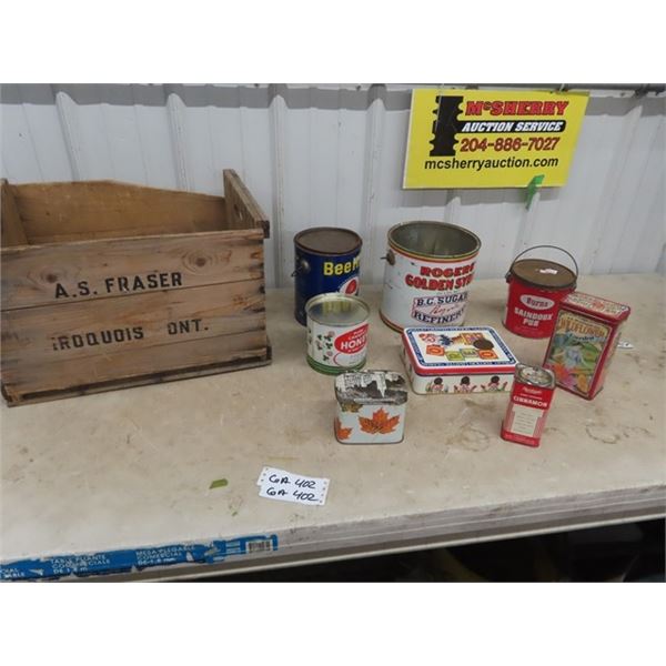 8 VIntage Tins, Wooden Crate, Rogers Sugar, Bee Hive Honey, Rawleighs