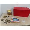 Image 1 : (GA) Old Keys, Locks, GE , RCA, Marconi Tubes, Wooden Box 25" x 13" , Versatile Tractor Books