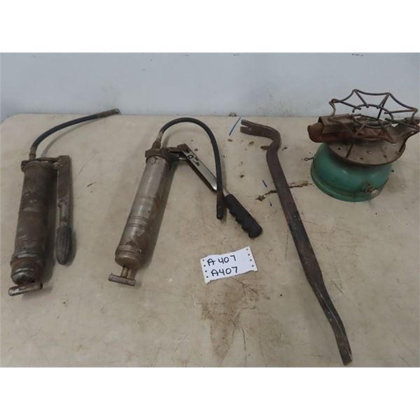 2 Grease Guns, Crowbar, Coleman Model 500 Kerosene Cooker