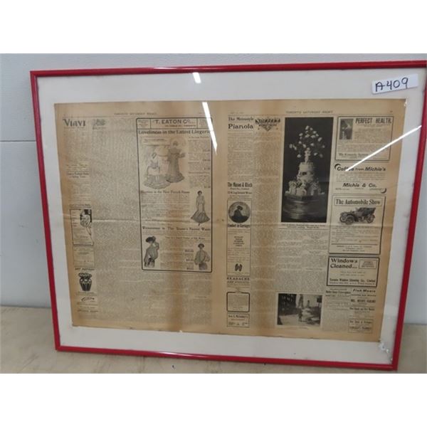 34" X 27" Framed Toronto Saturday Night April 30 1904 Newspaper, & Advertisements