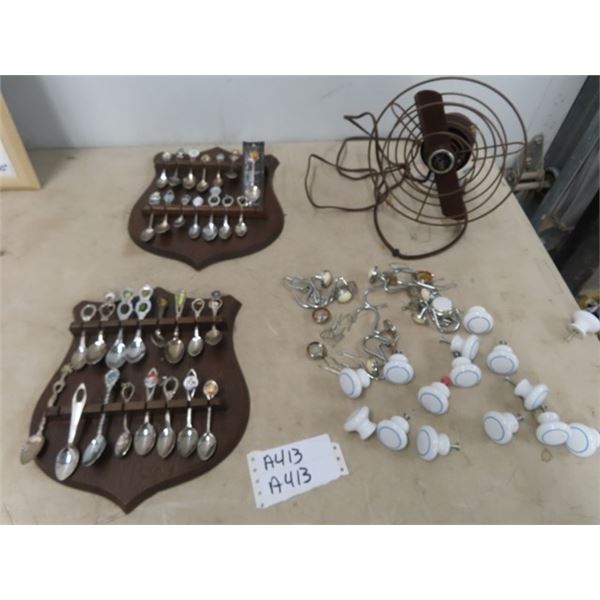 30 Collectible Spoons w Display Vintage Porcelain & Metal Door Pulls Fan