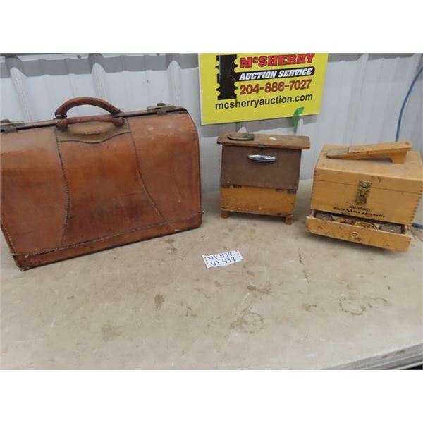 2 Wooden Shoe Polish Kits & Vintage Suitcase