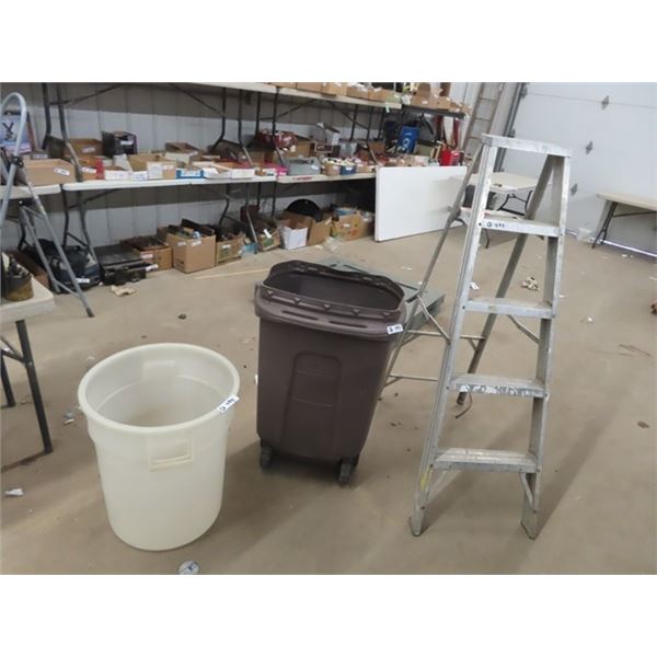 Alum Step Ladder & 2 Garbage Cans