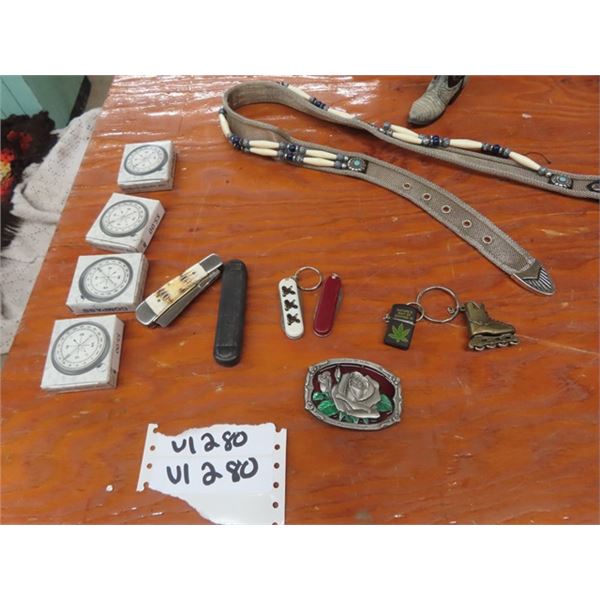 4 Pocket Knives, Belt, 4 New Compasses, Keychains Pewter Belt Buckle