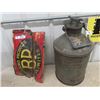 Image 1 : (J) 5 Gal Legal Fuel Measuring Can & Metal Beat Up Building Product Sign 12" X 18"