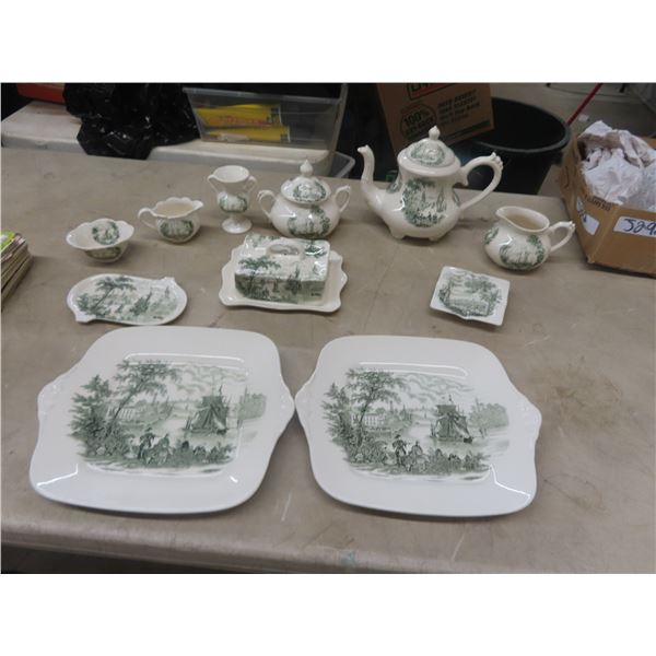 (J) 14 Pc Royal Staffordshire China - Plates, Tea Pot, Sugar & Creamer, Butter Dish Plus