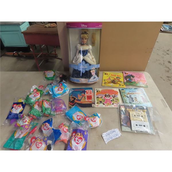 (WH) Disney Cinderella Collector Doll, 15 McDonalds Toys in Pkg, 6 Disney Read A Long w Tapes