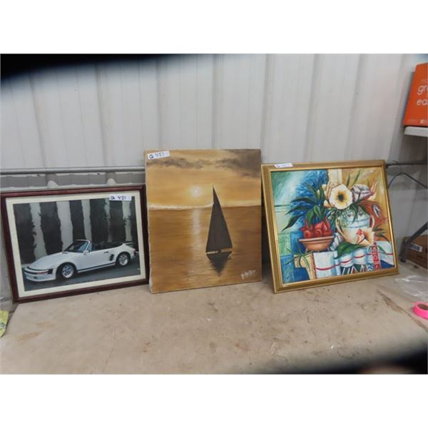 2 Paintings on Canvas, & Picture of Porche Car, One w Appraisal Copy on Back