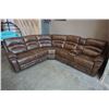 Image 1 : BRAND NEW BROWN STITCHED LEATHER 3PC CORNER RECLINING SECTIONAL W/ CONSOLE, CUP HOLDERS AND BRASS NA