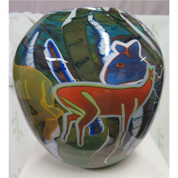 Glass Multicolored Deer Vase by Rick & Valerie Beck, 13" x 12"