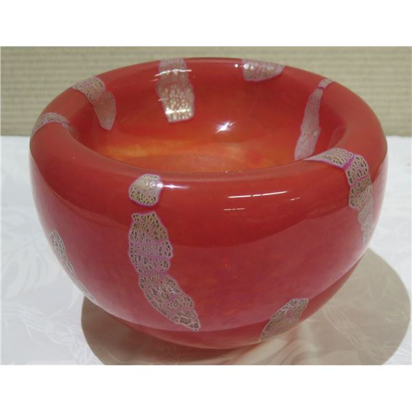Red Glass Bowl w/ Gray Accents 9" Diameter x 7.5"H