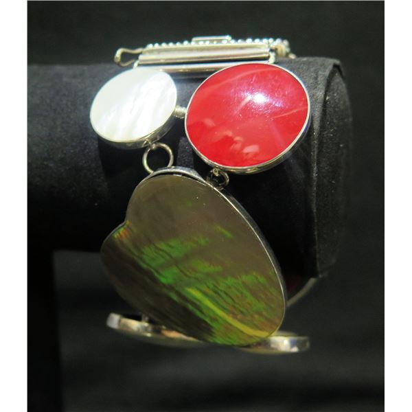 Bracelet w/ Large Flat Shells, Stamped Sterling 925, 8.5 L x 2 W