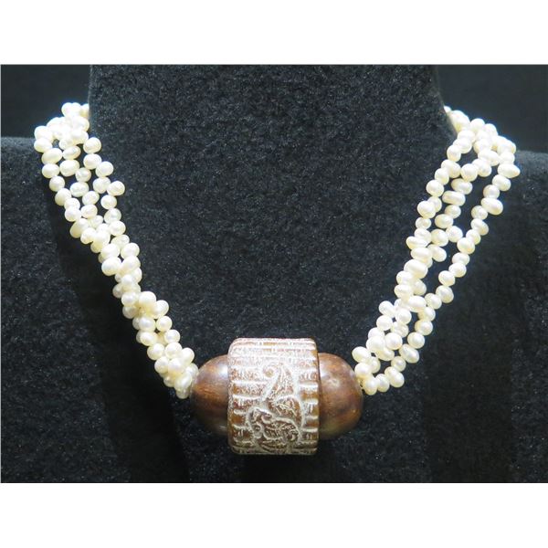 Pearl Bead 3 Strand Necklace w/ Wood & Design Pendant AM56  16"L