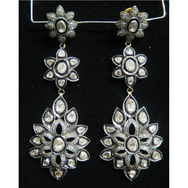 Pair Dangle Earrings w/ Cluster Floral Motif, Pierced Earrings 3.5 L