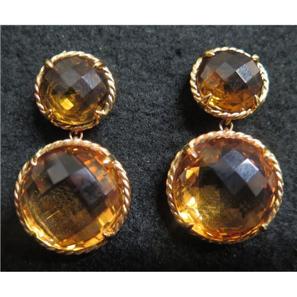 Pair OD.Y. 750 Gold & Faceted Clear Brown Stone Pierced Earrings