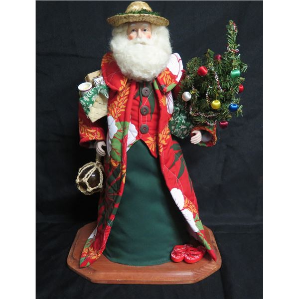 Santa in Straw Hat Carrying Tree & Presents Signed Joan Blankenfeld 2010 Hawaii 18 H
