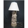Image 2 : Qty 2 Tall Carved Wooden Lamps: Figure Playing Instrument & Figure Sword? (may have been broken off)