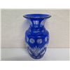 Image 2 : Qty 3 Cobalt Blue Vases w/ Clear Etched Detailing 9" - 10"H