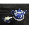 Image 2 : Wedgwood Blue & White Teapot w/ Saucer & Creamer, Made in England 7"L