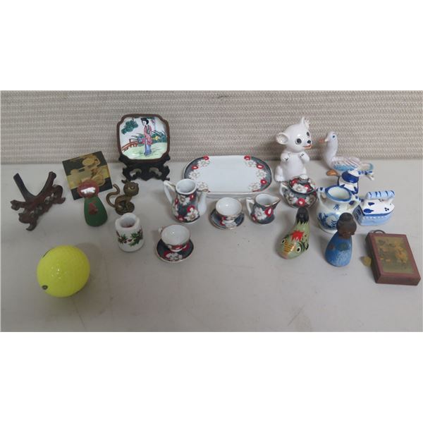 Multiple Ceramic Figurines, Miniature Tea Set w/ Tray, etc