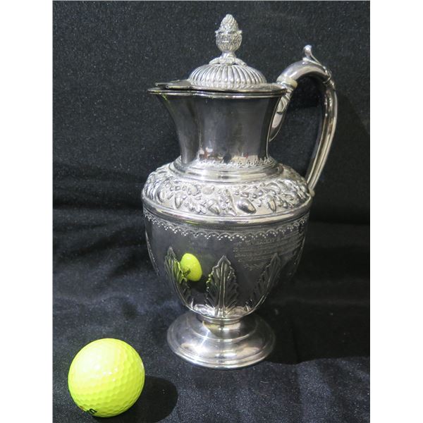 Metal Pitcher w/ Raised Design and Engraved Inscription
