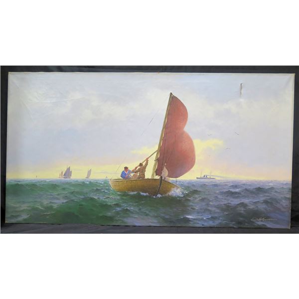 Large Original Oil on Canvas, Sailing, Signed by Artist Karglund (?) 11/24  50"x 27" Unframed