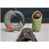 Image 1 : Qty 3 Objets d'Art: Green & Black Donut, Wooden Carved Asian Man & Baby in Blanket 4"H