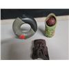 Image 2 : Qty 3 Objets d'Art: Green & Black Donut, Wooden Carved Asian Man & Baby in Blanket 4"H