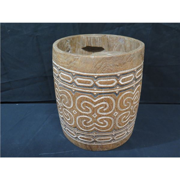 Carved Solid Wood Vessel w/ Etched Patterns, 15.5  H, 13  Dia.