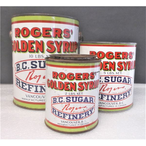 THREE Rogers' Golden Syrup Tins 2 LBS, 5 LBS, and 10 LBS
