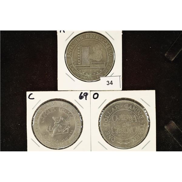 3 ASSORTED $1 GAMING TOKENS ROYAL INN HOTEL