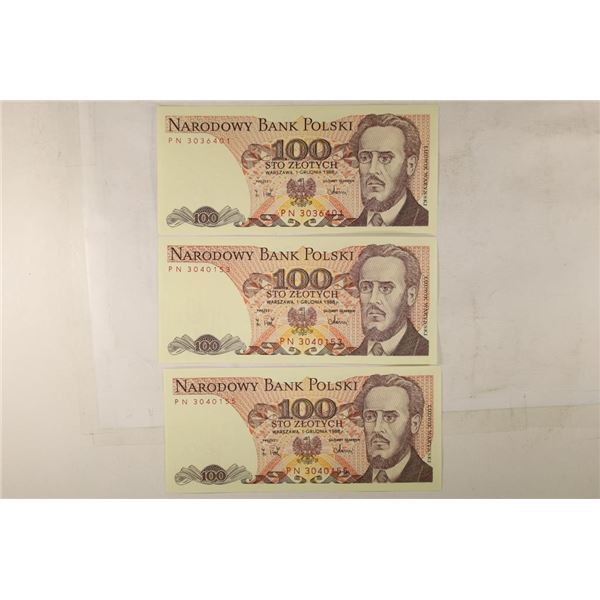 3-1988 POLAND $100 ZLOTYCH CRISP UNC BILLS