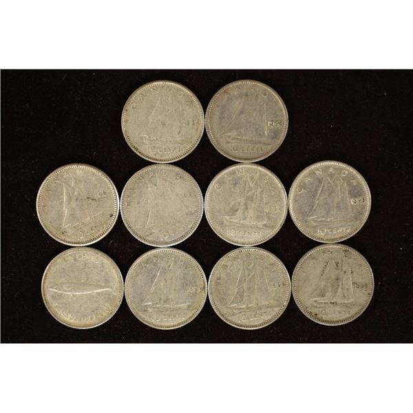 10 ASSORTED 1943-1967 CANADA SILVER 10 CENTS