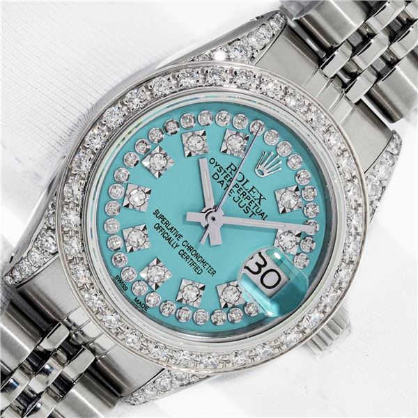 Rolex Ladies Stainless Steel 26MM Blue String Diamond Lugs Datejust Wristwatch W