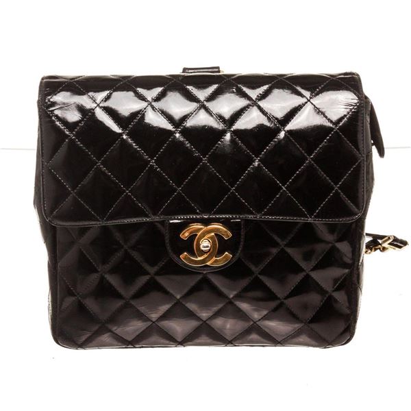 Chanel Black Patenet Leather Flap Backpack