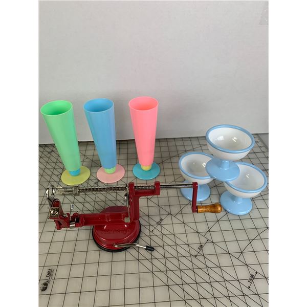APPLE PEELER AND VINTAGE SUNDAE AND ICE CREAM FLOAT CUPS