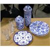 Image 1 : Blue/White Dinnerware + Canisters w/ Stemmed Glasses