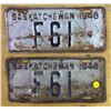 Image 1 : 2 x 1948 Saskatchewan Licence Plates - LOW DIGIT - Pair