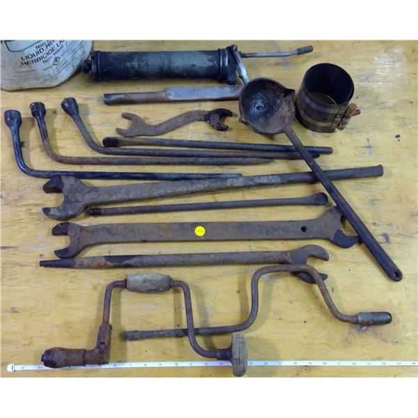 Lot of Tools (Grease Gun, Wrenches, Hand Drill, Etc)