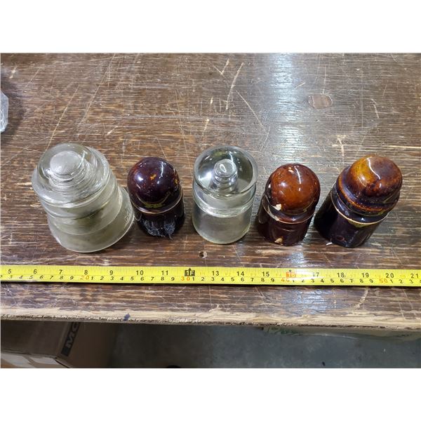 five antique insulators -Armstrong, Dominion, 3 old brown ones
