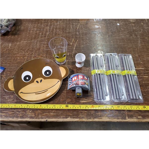 misc lot - monkey dishes, figure, night light, stainless steel straws