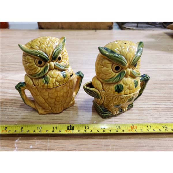 vintage 1950's owl ceramic sugar, creamer, salt & pepper shakers Japan