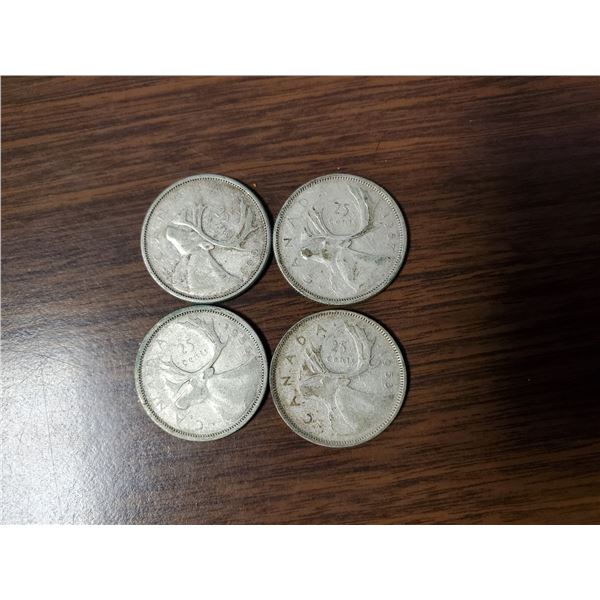 Four silver Canadian quarters 1953, 56, 57, 59