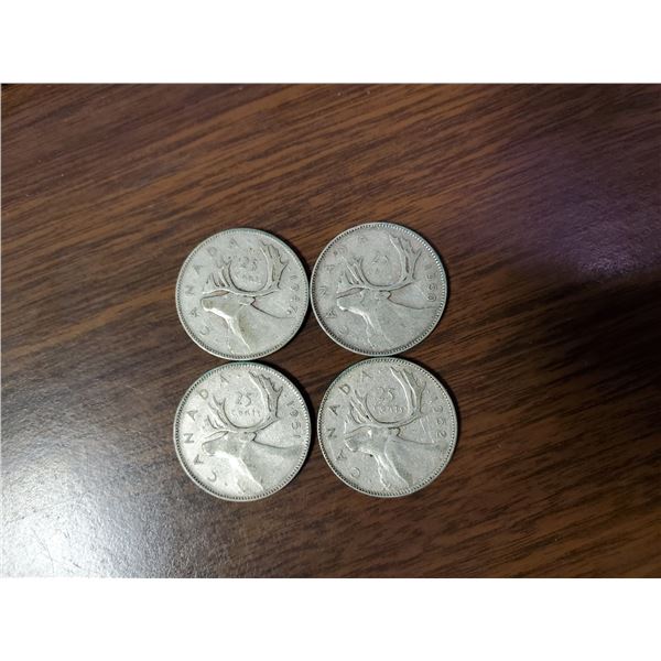 Four silver Canadian quarters 1947, 50, 51, 52