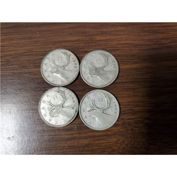 Four silver Canadian quarters 1942, 43, 44, 46
