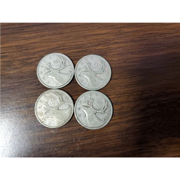 Four silver Canadian quarters 1938, 39, 40, 41