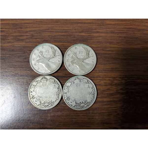 Four silver Canadian quarters 2-1920's, 2-1939