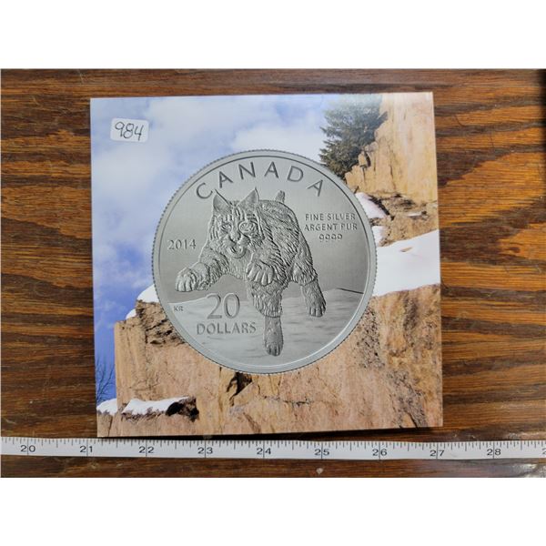 2014 Bobcat Silver $20. .9999 pure silver. In folder of issue.